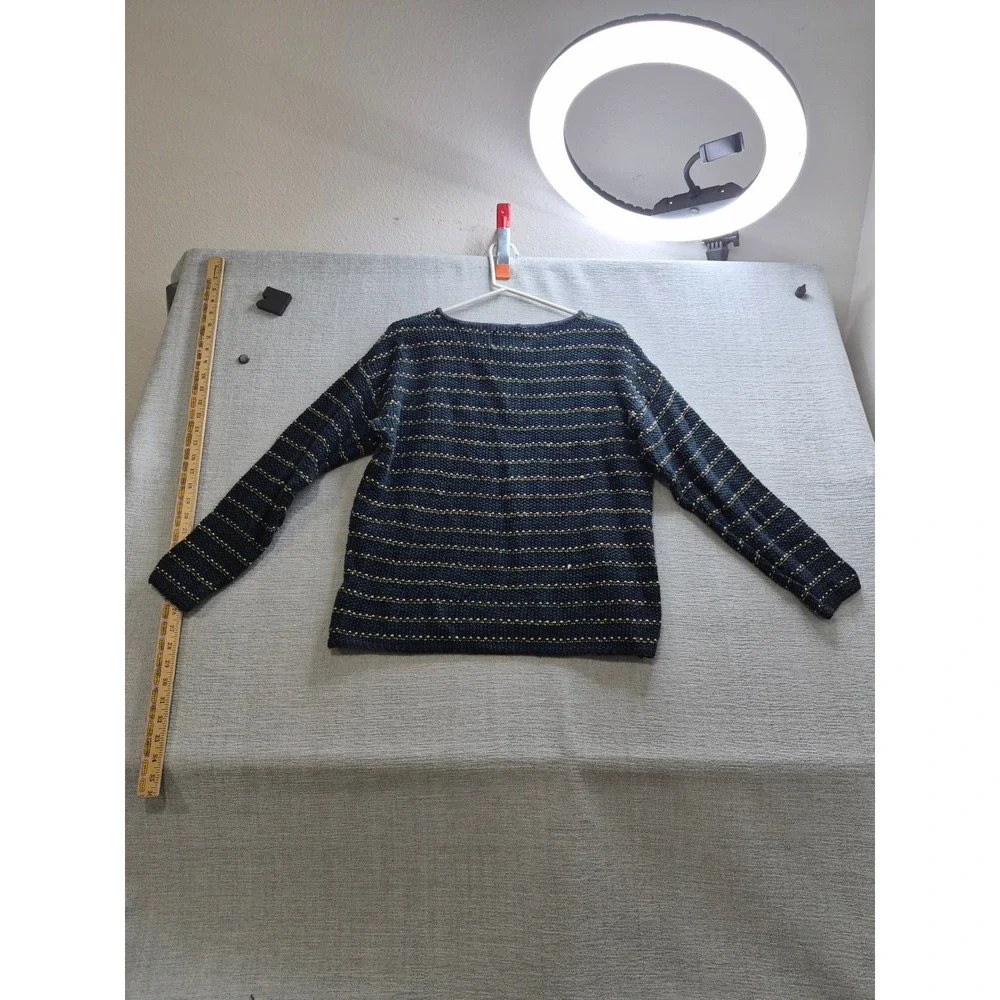 Express Tricot Sweater Womens Small Blue Striped Ramie Chunky Knit Boat Neck
